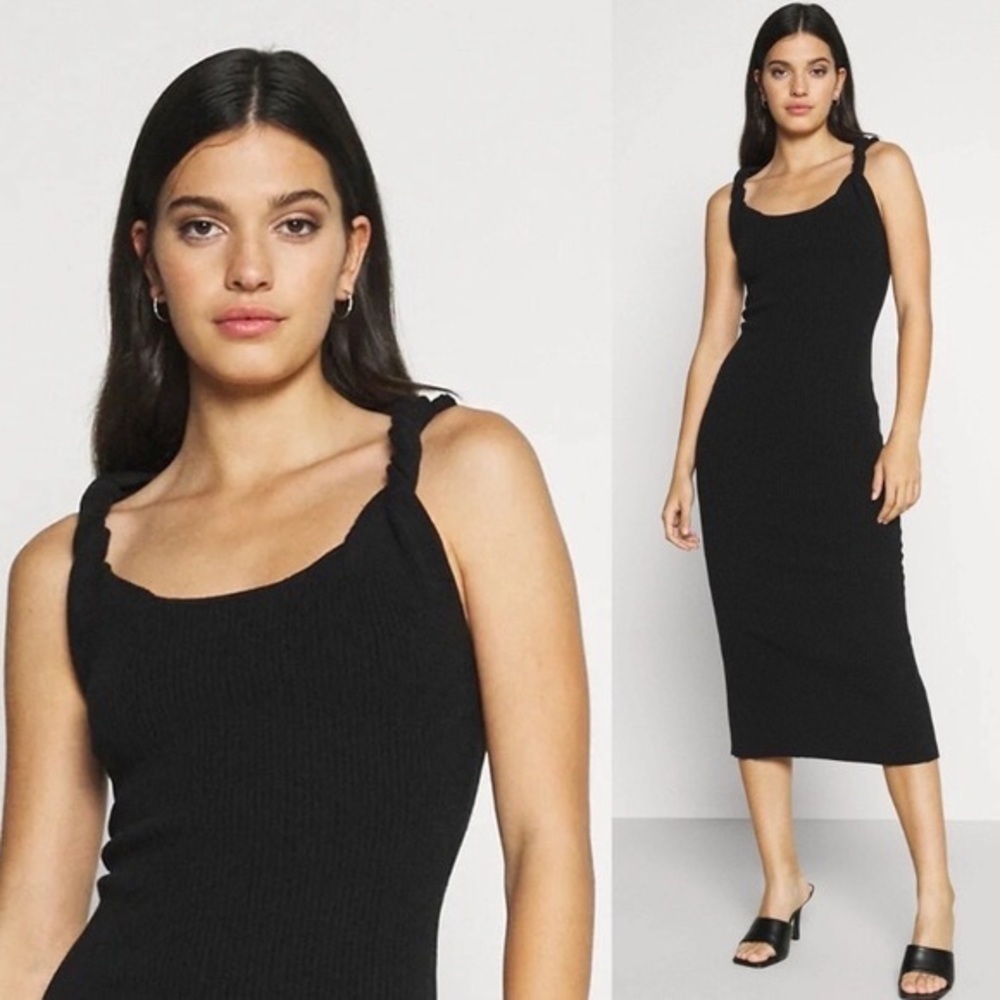 Nwt Good American Twisted Sleeve Midi Ribbed Dress Slit Sleeveless Stretch
